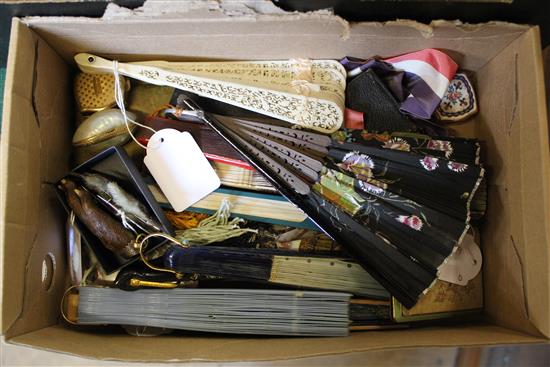 Two mother of pearl & abalone-inlaid card cases, 2 silver-mounted taxidermic brooches, fans & sundries